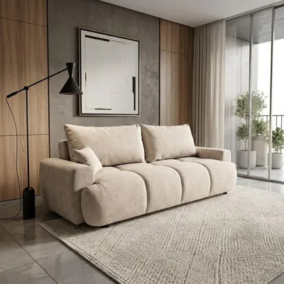 Produktbild von 3-Sitzer Sofa BALIMO mit Schlaffunktion, DL-Automat und Bettkasten – moderne Schlafcouch aus trendigem Samt in Beige, Couch mit Stauraum, ausziehbar, KI-generiertes Bild