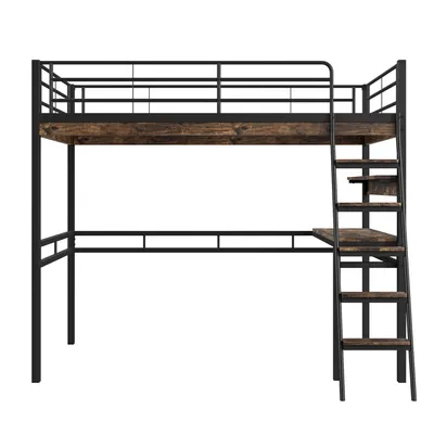 A loft bed with a desk and ladder, shown against a white background.