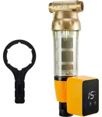 Sediment-Wasserfilter 50 µm, Spülmodul, Messingkopf, durchsichtiges Gehäuse