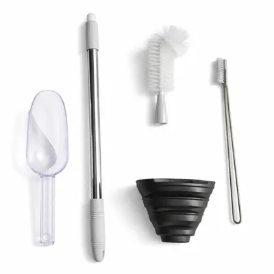 Produktbild von GARDENFLARE Pflege- & Zubehörset für Klassik Feuerrohr (8cm Glasrohr) – 4-teilig mit Schaufel, Trichter, Teleskop-Glasbürste & Brennkammerbürste