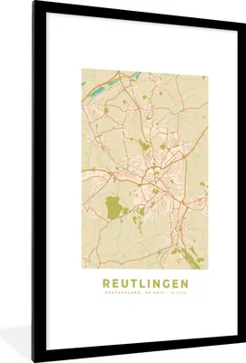 Produktbild von MuchoWow® Gerahmtes Poster Jahrgang - Reutlingen - Karte - Stadtplan 60x90 cm - Poster mit Schwarzem Bilderrahmen Wandposter Rahmen Foto Bilder - Dekoration - Wandposter Wohnzimmer - Hochwertig