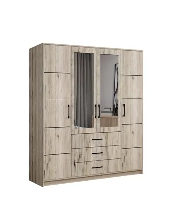Produktbild von Drehtürenschrank Kleiderschrank 200 cm breit mit Spiegeln, 3 Schubladen und dekorativen streifen – Wellington mit schwarzen Griffen