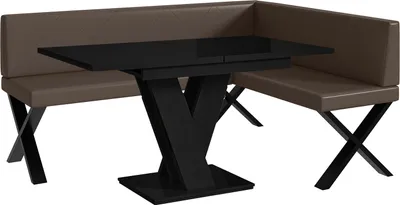 Produktbild von MEBLINI Eckbank für Esszimmer mit ausziehbarem Tisch - Küchenbank - Essecke - Sitzecke Küche - ERIC - X-Beine 128x168x87cm Rechts - Braun Kunstleder/M Schwarz Hochgl.