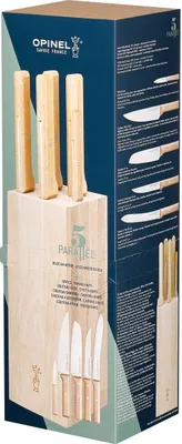 The image shows the packaging of an Opinel knife block set, with the knives partially visible inside the block.