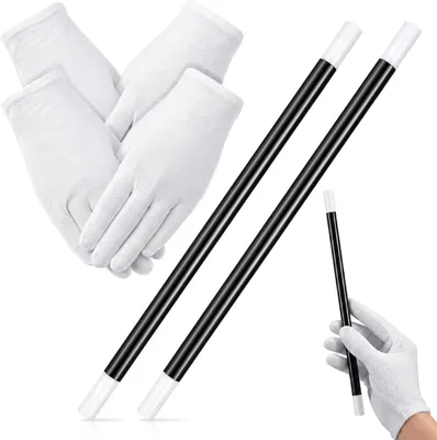 Productafbeelding van 24,5 cm Toverstaf van Kunststof met Witte Feesthandschoenen - 2 Sets
