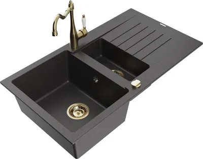Produktbild von Mexen Matias 1,5-Becken-Granitspüle mit Abtropffläche und Mischbatterie Carla, Schwarz gesprenkelt - 6502-76-670700-50