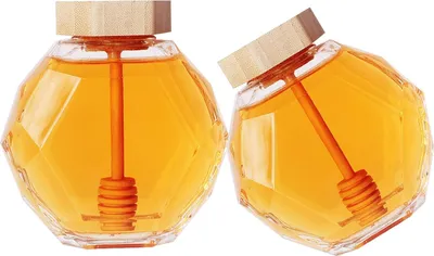 Produktbild von Honigglas mit Holzlöffel - transparenter sechseckiger Honigspender - Aufbewahrungsglas Sirup Zuckerdose - Küchenwerkzeug Kanister - 200 ml