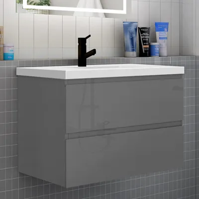 Produktbild von Badmöbel Set HUTI-Serie 80cm Mineralguss Waschbecken mit Unterschrank Badezimmermöbel mit 2 Schubladen Hochglanz Dunkelgrau Hängeschrank