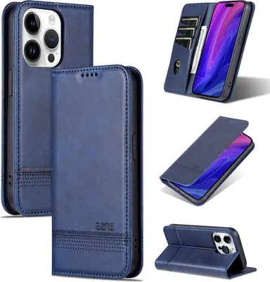 Obrázek produktu pro Kožené pouzdro pro iPhone 15 Pro, skládací peněženkové pouzdro s magnetickým uzávěrem a stojánkem modré