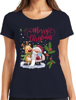 Produktbild von Merry Christmas Santa Rentier Wunschliste Mistelzweig - Weihnachten Weihnachtsgeschenk Damen T-Shirt, Navy, S