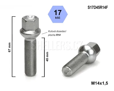 Obrázok produktu pre Skrutka kolesa M14x1,5x45 guľová skrutka R14, kľúč 17, S17D45R14F, výška 67 mm