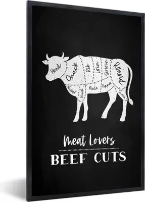 Produktbild von MuchoWow® Gerahmtes Poster Küche - Kuh - Fleischer - Fleisch 40x60 cm - Poster mit Schwarzem Bilderrahmen Wandposter Rahmen Foto Bilder - Papierdruck - Wandbilder