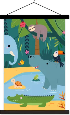 Produktbild von MuchoWow® Textilposter Blumen - Tiere - Dschungel - Kinder 40x60 cm mit schwarzem Rahmen - Wanddekorationen