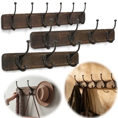 Produktbild von LS-lebenStil Vintage Wand-Garderobe 60cm Teak Holz 4/8 Haken Braun Garderoben-Leiste Kleider-Haken Haken-Leiste Garderobenpaneel Jacken-Halter