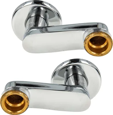 Two chrome-plated S-shaped pipe fittings with brass threaded ends are shown against a white background.