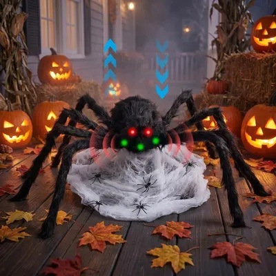 Zdjęcie produktu dla Dekoracje na Halloween do użytku zewnętrznego – pajęczyna, dekoracja na Halloween do ogrodu, pajęczyna z diodami LED – skaczące, krzyczące pająki