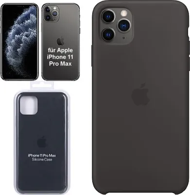 A collage of images showing an Apple iPhone 11 Pro Max and its black silicone case.