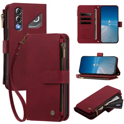 Produktbild von Handyhülle für ZTE nubia Neo 5 Pro, Leder Klapphülle mit Kartenfächern, Reißverschlussfach und Handschlaufe Rot
