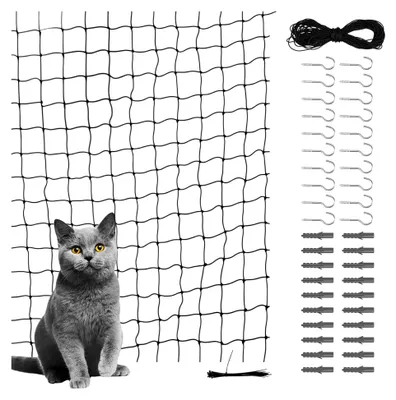 Produktbild von Katzennetz 4x3m für Balkon ohne Bohren, schwarzes Nylon Katzenschutznetz mit Befestigungsset