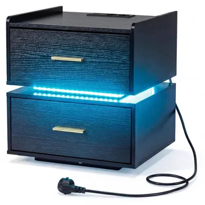 Zdjęcie produktu dla Stolik nocny z oświetleniem LED i stacją ładującą, 2 szuflady
