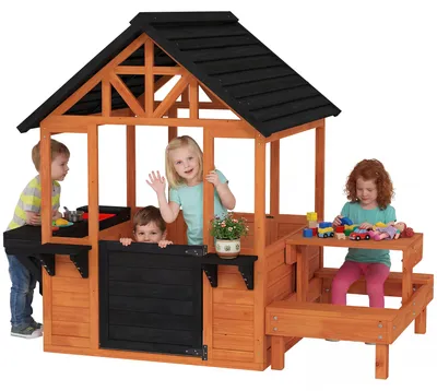 Produktbild von AIYAPLAY Spielhaus Outdoor Kinderspielhaus aus Holz mit Tisch Bank Spülstation