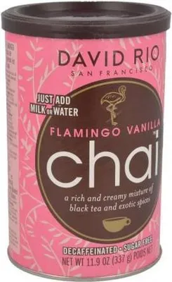 A can of David Rio Flamingo Vanilla Chai tea mix.