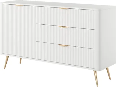 Produktbild von BETTSO Weiße Kommode LANTE 138 cm - eintürig, 3 Schubladen, geriffelte Fronten, Goldakzente