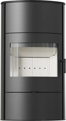 A black steel wood-burning stove is shown from the front against a white background.