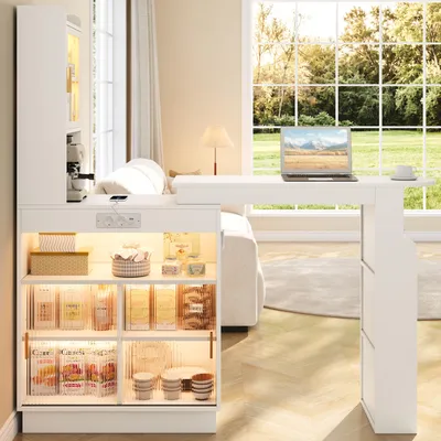 Imagen del producto de Mesa alta MODFU con espacio de almacenamiento, extensible de 131 a 170 cm, armario para bar con vitrina de vidrio y luces LED, toma de corriente USB tipo C, color blanco