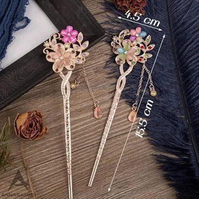 Produktbild von 5 Haarstäbe mit Blumenmuster und Quaste, 15,5 cm