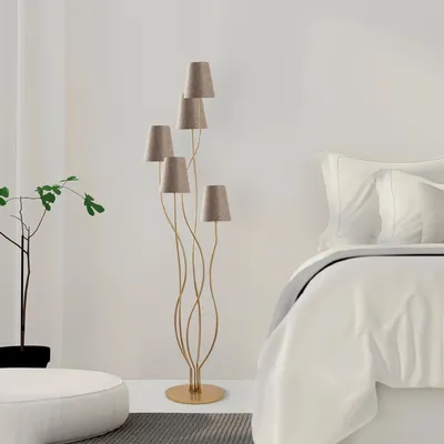 Produktbild von Opviq, Hochwertige Stehlampe, Metallkörper, Gold und Beige, 44 x 44 x 160 cm | Stoffschirm Ø 14 cm, Höhe 16 cm | 5 x E14 Max 40 W, Modernes Design für Zuhause und Hotel.