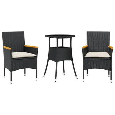 Produktbild von vidaXL 3-tlg. Garten-Essgruppe mit Kissen Schwarz Poly Rattan Glas