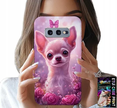 Immagine prodotto di Custodia Per Samsung Galaxy S10E - Simpatico Chihuahua Su Sfondo Rosa Con Fiori