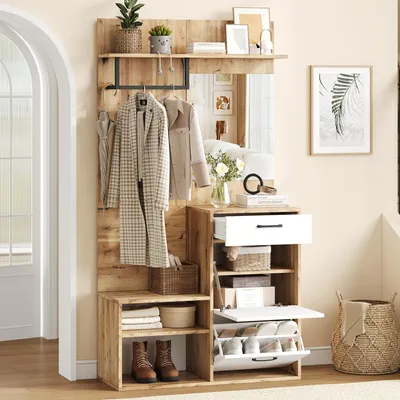 Produktbild von Merax Garderoben-Set mit Spiegel, Schuhbank und Hochglanzfront, Flurmöbel mit Sitzbank, Schublade und Klapptüren, platzsparend und modern, Weiß Holzoptik