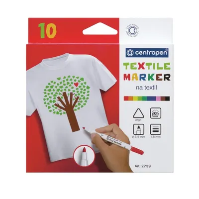 A box of Centropen textile markers with a t-shirt decorated with a tree design.