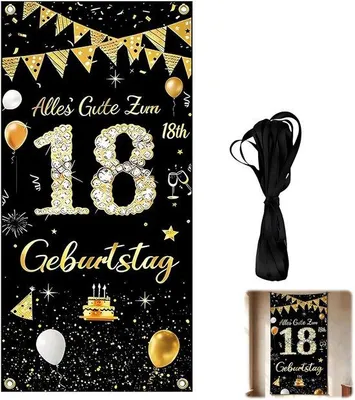 Zdjęcie produktu dla Baner na 18. urodziny, 185 x 90 cm, czarno-złoty, dekoracja na imprezę, idealna na urodziny