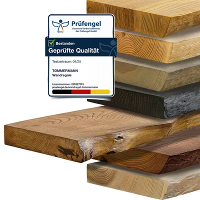 A stack of wooden shelf boards with a certification badge.