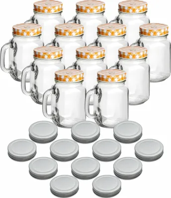 Produktbild von gouveo 12er Set Trinkgläser 450 ml mit Deckel orange, silberfarben - Trinkglas mit Henkel und Drehverschluss - Henkelgläser mit Deckel