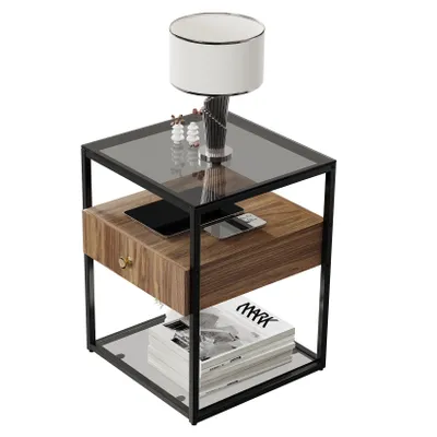 Immagine prodotto di Comodino FATIVO 43×43×54 cm: cassettiera con cassetto e armadietto, tavolino vintage in legno per camera da letto e soggiorno