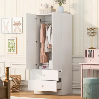 Produktbild von Flieks Eckkleiderschrank Weiß, 70x40x170 cm, Kleiderschrank mit 2 Türen und 2 Schubladen, Gaderobe mit Kleiderstange, Kinderzimmer Schlafzimmer