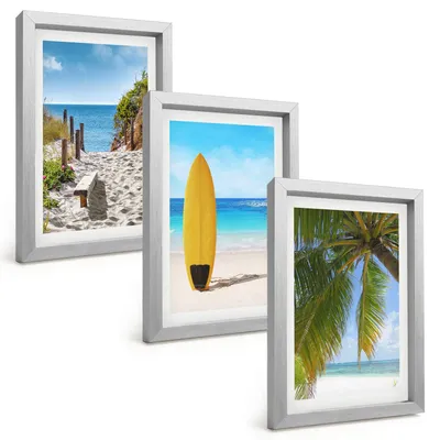 Produktbild von Bilder Set 3-teilig im silbergerahmten Rahmen – Wandbilder 3 Stück – gerahmte Poster für Wohnzimmer, Schlafzimmer und Flur – 20x30 cm – Urlaubsstrände, Wellen, Palmen