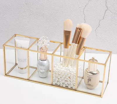 Obrázek produktu pro Organizér na make-up, úložný box na štětce, zlatá barva, průhledné sklo. kosmetická krabička pro lak na nehty, rtěnky a štětce na make-up