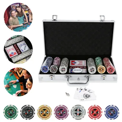 Immagine prodotto di Jopassy poker case laser poker chips 11,5 grammi, 2 carte, dealer, 5 dadi, con custodia in alluminio argento case-300 chips