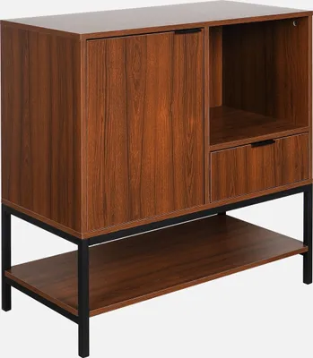 A product shot of a wooden sideboard with black metal legs against a white background.