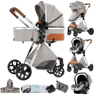 Obrázek produktu pro Kočárek 3 v 1 – cestovní systém s hlubokou korbou a autosedačkou – otočná sedačka – skládací – skládání jednou rukou – nosnost 20 kg – světle šedá barva