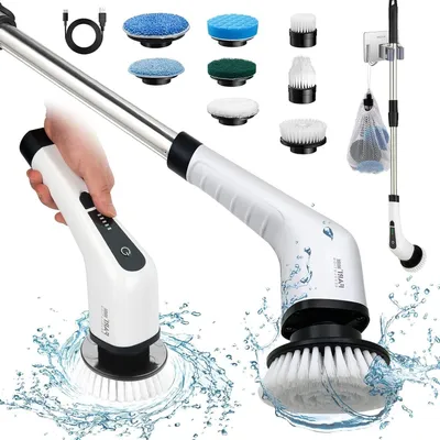 Immagine prodotto di Spazzola elettrica per la pulizia - Spazzola senza fili - Ideale per la pulizia del bagno - 8 testine intercambiabili - Regolabile - Colore: bianco