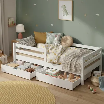 Imagen del producto de Cuna Montessori Iskri, 90x200 cm, color blanco, con 2 cajones, fabricada en pino