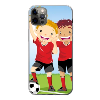 Produktbild von MuchoWow® Handyhülle Schutzhülle Hülle für iPhone 12 Pro Max Eine Illustration von zwei Fußballspielern, die einen Preis gewonnen haben - Jungen - Mädchen - Kind Silikon Softcase Handy Hülle - Hartschale