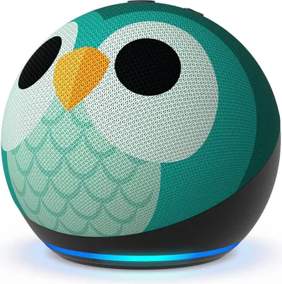 A close-up studio shot of a smart speaker designed for children, featuring an owl graphic.