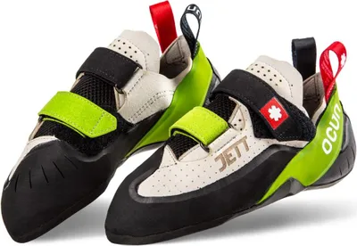 Image de Ocun Jett QC - Chaussure d'escalade polyvalente à fermeture velcro, couleur : gris / vert, pointure : 9,5 UK / 44